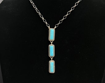A. L., Navajo, Multi-stone Rectangular Lariat Necklace in Sterling Silver with Rope Details, 22 inches