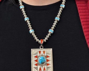 Michael Perry, Navajo, Turquoise and Coral Necklace Set in Sterling Silver, 22 in