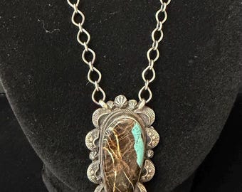 J S, Blackjack Turquoise Necklace in Sterling Silver with Brushed Finish Details, 18 inches