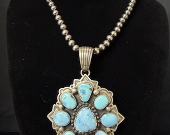 Charles Johnson, Navajo, Golden Hills Turquoise Cluster Pendant in Sterling Silver with Brushed Finish