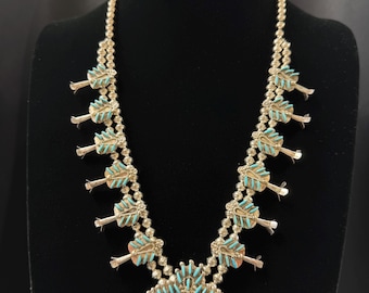 Eva L. Wyaco, Zuni, Turquoise Squash Blossom Necklace and Earrings Set in Sterling Silver