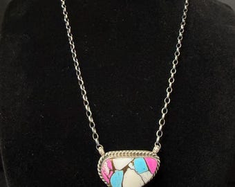 C Belone, Navajo, Cotton Candy Turquoise Bar Necklace in Sterling Silver with Brushed Finish, 16 in