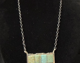 S F, Navajo, Turquoise Inlay Bar Necklace in Sterling Silver with Brushed Finish, 16 inch