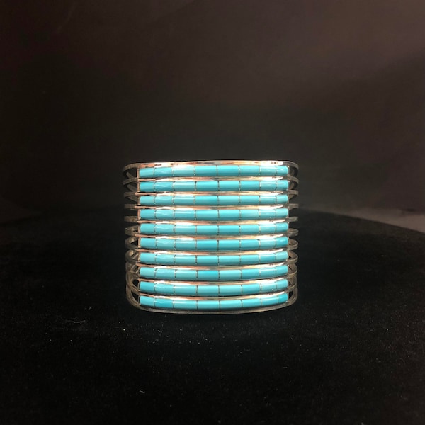 Anson and Letitia Wallace, Zuni, Wide Turquoise Inlay Cuff in Sterling Silver