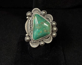 R Calladitto, Navajo, Green Turquoise Statement Ring with Brushed Finish in Sterling Silver, Size 9