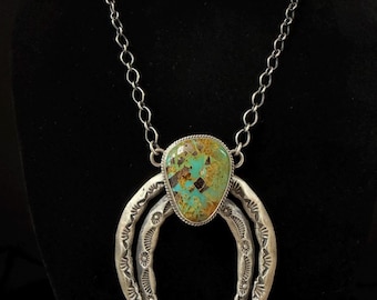 Leroy James, Green Turquoise Naja Necklace in Sterling Silver with Stamped Details, 18 inches