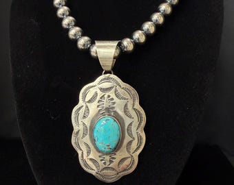 Chimney Butte, Zuni, Large Turquoise and Sterling Silver Concho Pendant with Brushed Finish