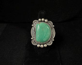 R Calladitto, Navajo, Green Turquoise Statement Ring with Brushed Finish in Sterling Silver, Size 8 3/4