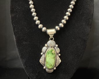 M, Navajo, Green Turquoise Pendant in Sterling Silver with Brushed Finish