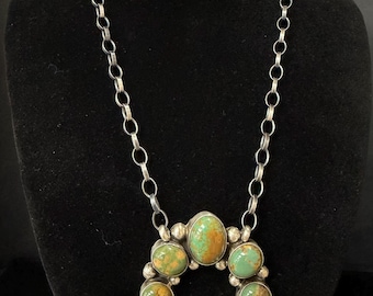 A L, Green Turquoise Multi-Stone Naja Necklace in Sterling Silver with Silver Ball Details, 16 inches