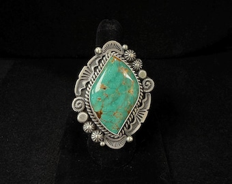 R Calladitto, Navajo, Green Turquoise Statement Ring with Brushed Finish in Sterling Silver, Size 9