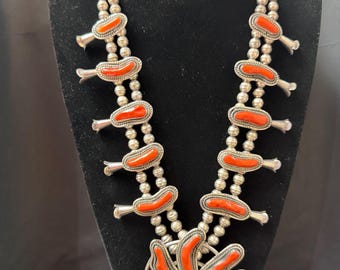 70s Vintage, Navajo, Large Coral Squash Blossom Necklace in Sterling Silver with Brushed Finish
