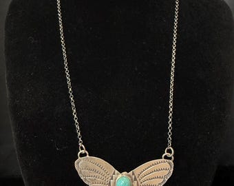 R E, Navajo, Butterfly Turquoise Necklace in Sterling Silver with Brushed Finish, 16 inch