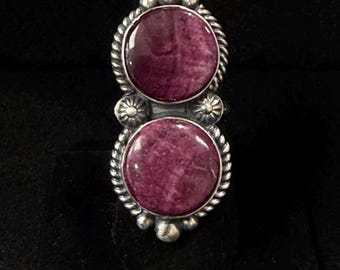 ROBERT SHAKEY, Navajo, Purple Spiney Statement Ring with Brushed Finish in Sterling Silver, Size 8