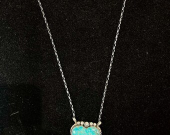 AL, Navajo, Large Turquoise Heart Necklace in Sterling Silver with Brushed Finish, 16 inches