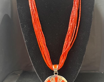 Early Michael Perry, Navajo, Large Coral and Turquoise Inlay Pendant on Coral Multi-strand Necklace with Silver Inlay Beads
