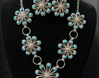 TJ, Navajo, Flower Necklace with Turquoise and Sterling Silver with Large Stud Earrings