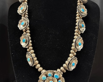 JB, Navajo, Turquoise and Flower Necklace in Sterling Silver, ~25 in