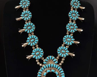 Ben Touchine, Navajo, Turquoise and Sterling Silver Squash Blossom Necklace