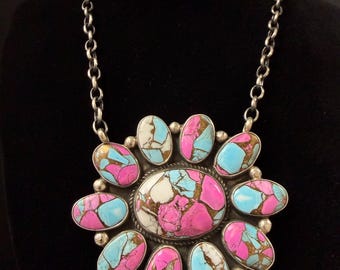 G James, Large Cotton Candy Turquoise Cluster Necklace in Sterling Silver with Stamped Details, 18 inches
