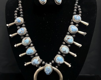 T, Navajo, Golden Hills Turquoise Squash Blossom Necklace and Earrings Set in Sterling Silver with a Brushed Finish