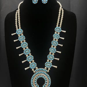 Valentino and Matilda Banteah, Zuni, Turquoise and Coral Reversible Squash Blossom Necklace and Earrings Set in Sterling Silver