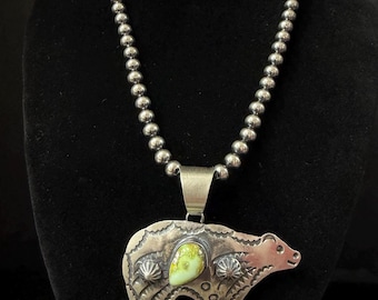 Chimney Butte, Navajo, Palomino Variscite Bear Pendant in Sterling Silver with Brushed Finish