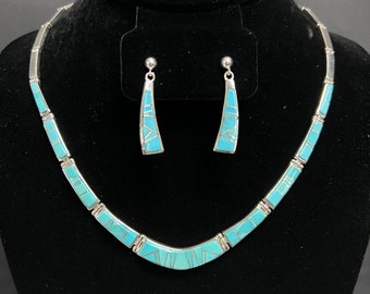 E. David, TSF, Navajo, Turquoise Channel Inlay Necklace and Earrings Set in Sterling Silver