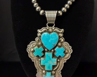 A Jake, Zuni, Large Turquoise Heart and Crosses Pendant in Sterling Silver with Brushed Finish