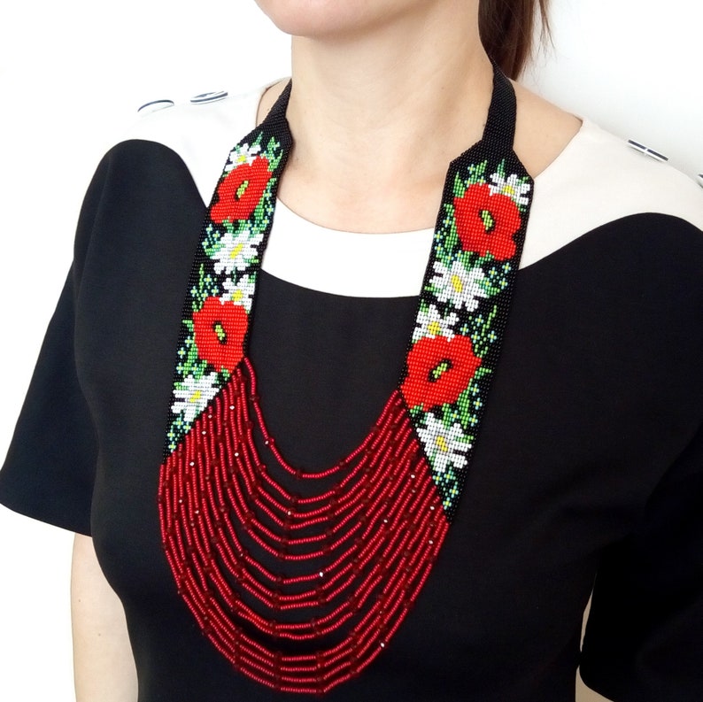 Bead loom necklace Long beaded necklace with red poppies and Etsy