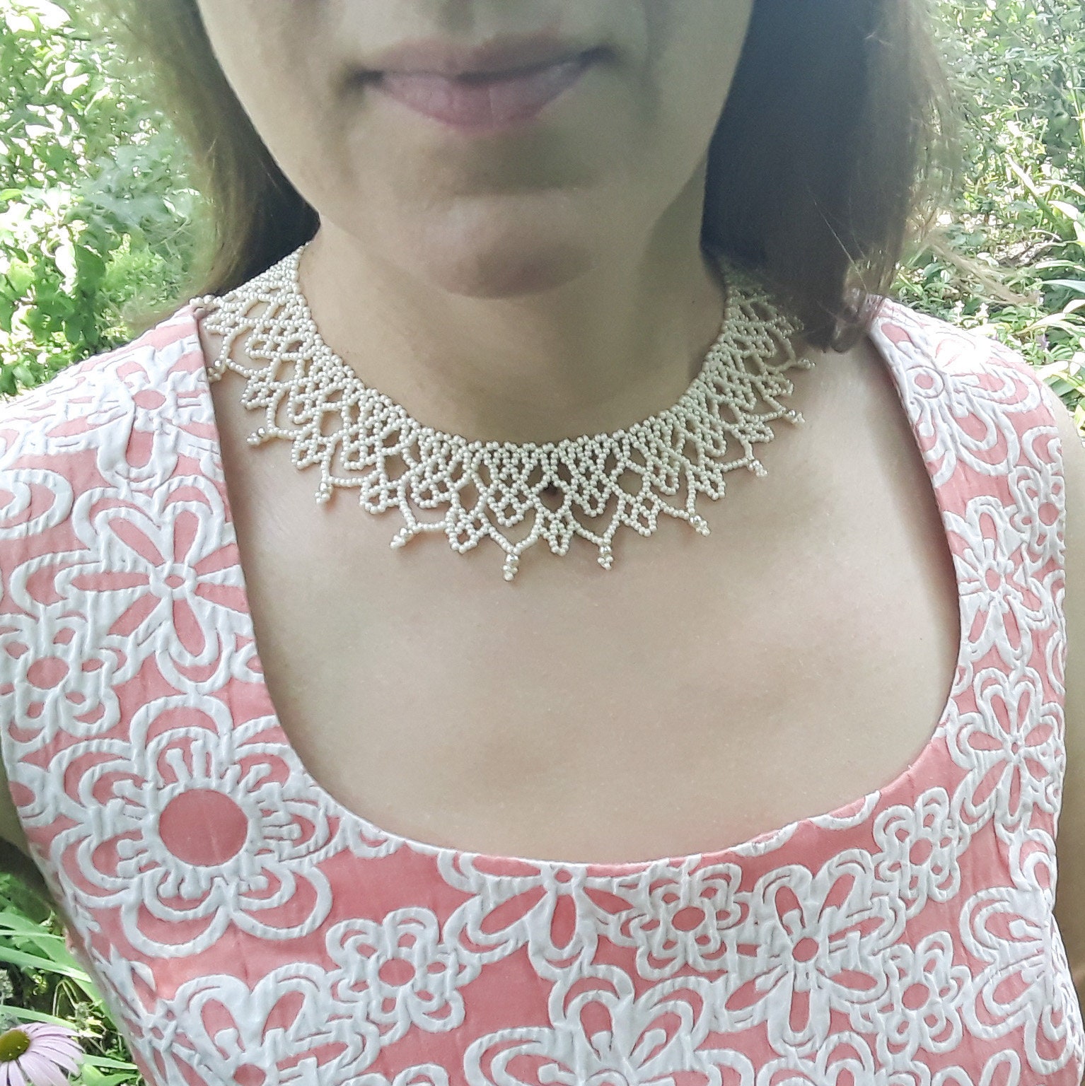 Ivory seed bead statement necklace with glass pearl for bride Etsy