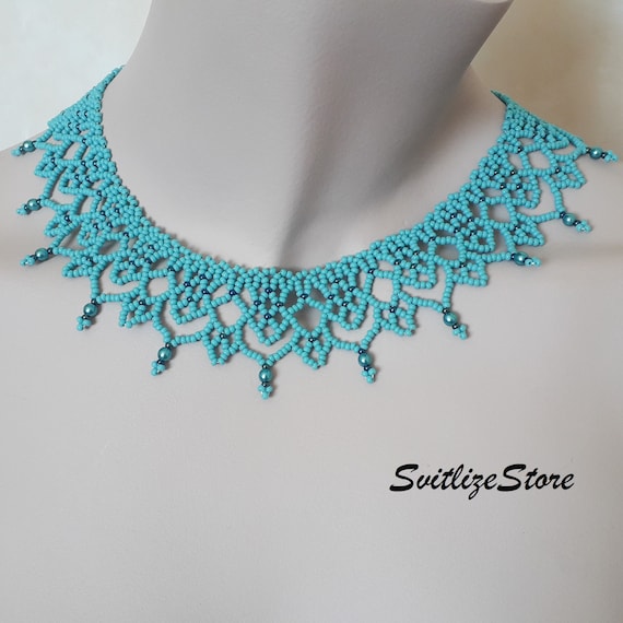 Buy Turquoise Seed Bead Lace Necklace Beadwork Collar Necklace