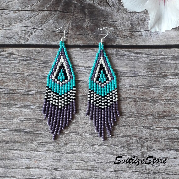Western Seed Bead Fringe Earrings ~ Turquoise Navajo