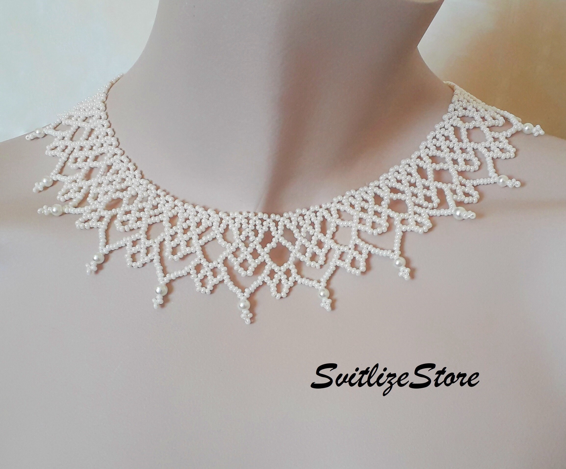 Ivory seed bead statement necklace with glass pearl for bride Etsy