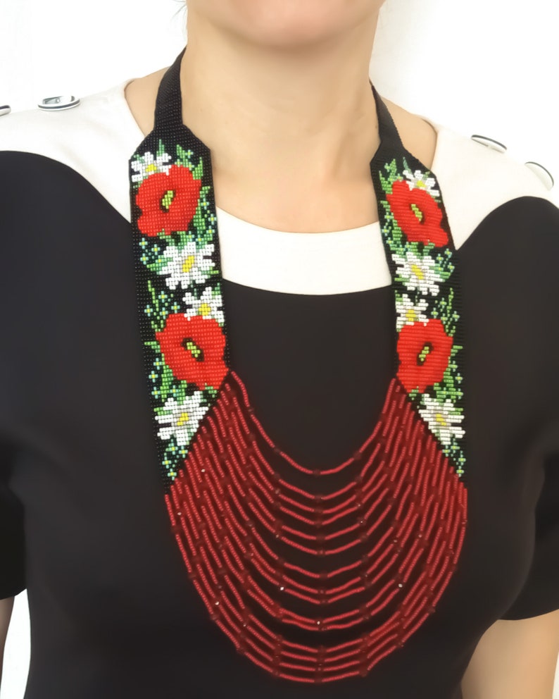 Bead loom necklace Long beaded necklace with red poppies and Etsy