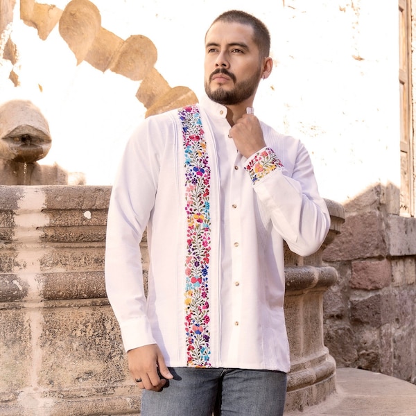 Mens Mexican Traditional Shirt. Floral Embroidered Guayabera for Men. Formal Button Up Shirt. Traditional Style Long Sleeve Shirt.