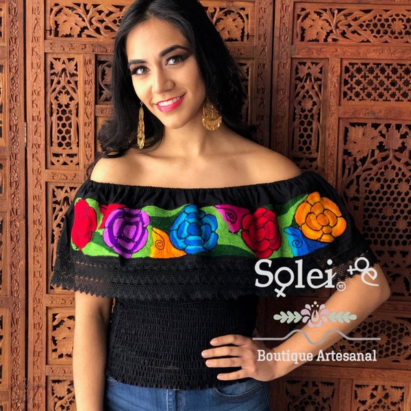 Crop Top Blouse. Mexican Floral Top. Beautiful Off the Shoulder Blouse. Lace Trimmed Crop Top. Embroidered Top. Elastic Waist Top.