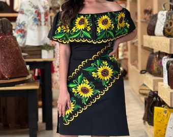 Vestido Mexicano Bordado Girasol. Tallas S 3X Vestido Mexicano