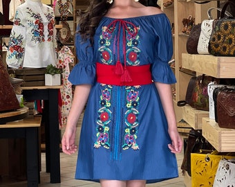 Mexican Floral Jeans Dress. Size S - 2X Mexican Embroidered  Dress. Handmade Mexican Dress.