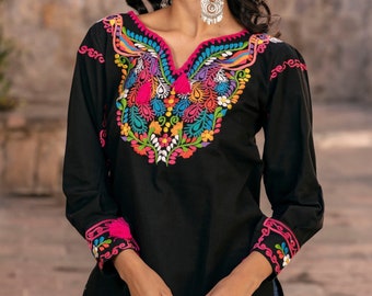 Mexican Peacock Embroidered Blouse. Size S - 3X. Multicolor Embroidered Blouse. Traditional Mexican Top. Long Sleeve Mexican Top.