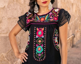 Handgeborduurde Mexicaanse blouse. Maat S - 3X. Mexicaanse bloemenblouse. Ambachtelijke Mexicaanse blouse. Hippie-Boho-top.