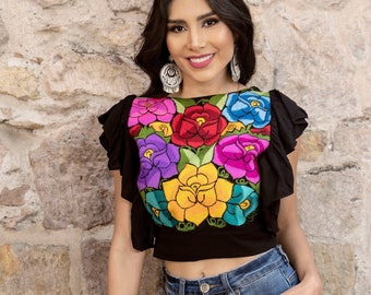 Zinacatan Crop Top. Mexican Embroidered Floral Top. Mexican Artisanal Ethnic Blouse. Typical Mexican Blouse. Bohemian Style. Latina Style.