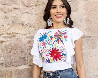 Otomi Crop Top. Mexican Embroidered Floral Top. Mexican Artisanal Ethnic Blouse. Typical Mexican Blouse. Bohemian Style. Latina Style.