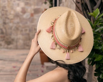 Mexican Artisanal Palm Hat. Mexican Hat with Jewels. Decorated Mexican Hat with Charms. Traditional Mexican Hat. Womens Mexican Sombrero.