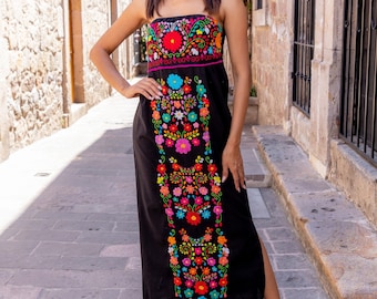 Mexican Floral Strapless Dress. Hand Embroidered Mexican Dress. Mexican Party Dress. Mexican Bridesmaid Dress.Colorful Mexican Typical Dress