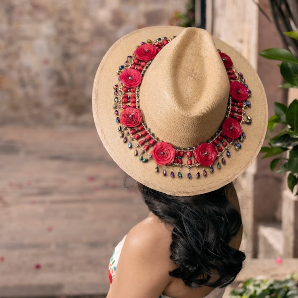 Sombrero Artesanal Mexicano de Palma. Sombrero Mexicano Tradicional. Sombrero estilo Bohemio. Moda Mexicana Etnico. Sombrero Elegante Floral