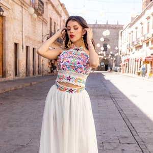 Mexican Floral 2 Piece Set. Artisanal Embroidered Mexican Dress. Mexican Halter Dress. Colorful Floral Mexican Dress. Chiffon Skirt Dress. image 3