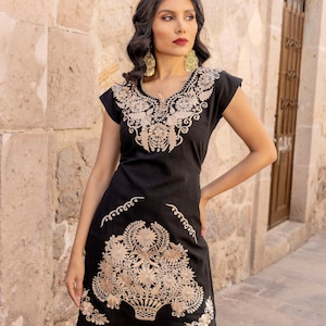 Long Mexican Gold Embroidered Dress. Size S - 2X.  Mexican Traditional Black Dress.  Mexican Bridesmaid Dress. Mexican Wedding Dress.