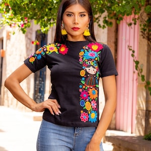 Lele Doll Embroidered T-Shirt. Artisanal Mexican T-Shirt. Colorful Mexican Flowers. Floral Shirt. Mexican Basic Tee. Hippie-Boho Style Top.