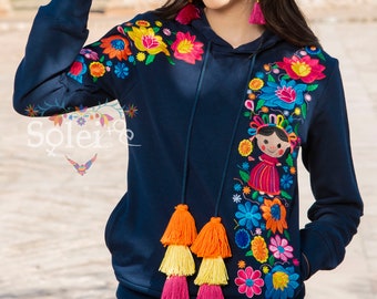 Mexican Lele Doll Sweatshirt. Artisanal Sweatshirt Made in Mexico. Embroidered Hoodie. Mexican Pullover Sweatshirt.